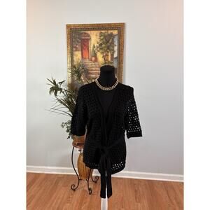 Liz Claiborne New York Women Jacket Crochet Size Large Black Short Sleeve Open